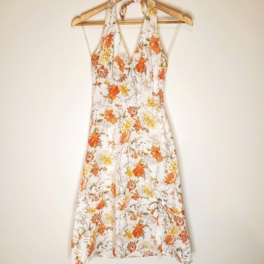 Springtime Song Orange, Green, Yellow and White Floral Print Halter Dress - Picture 9 of 16